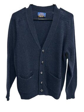 Pendleton Medium Mens Navy Shetland Wool Cardigan Sweater Pockets Vintage Retro